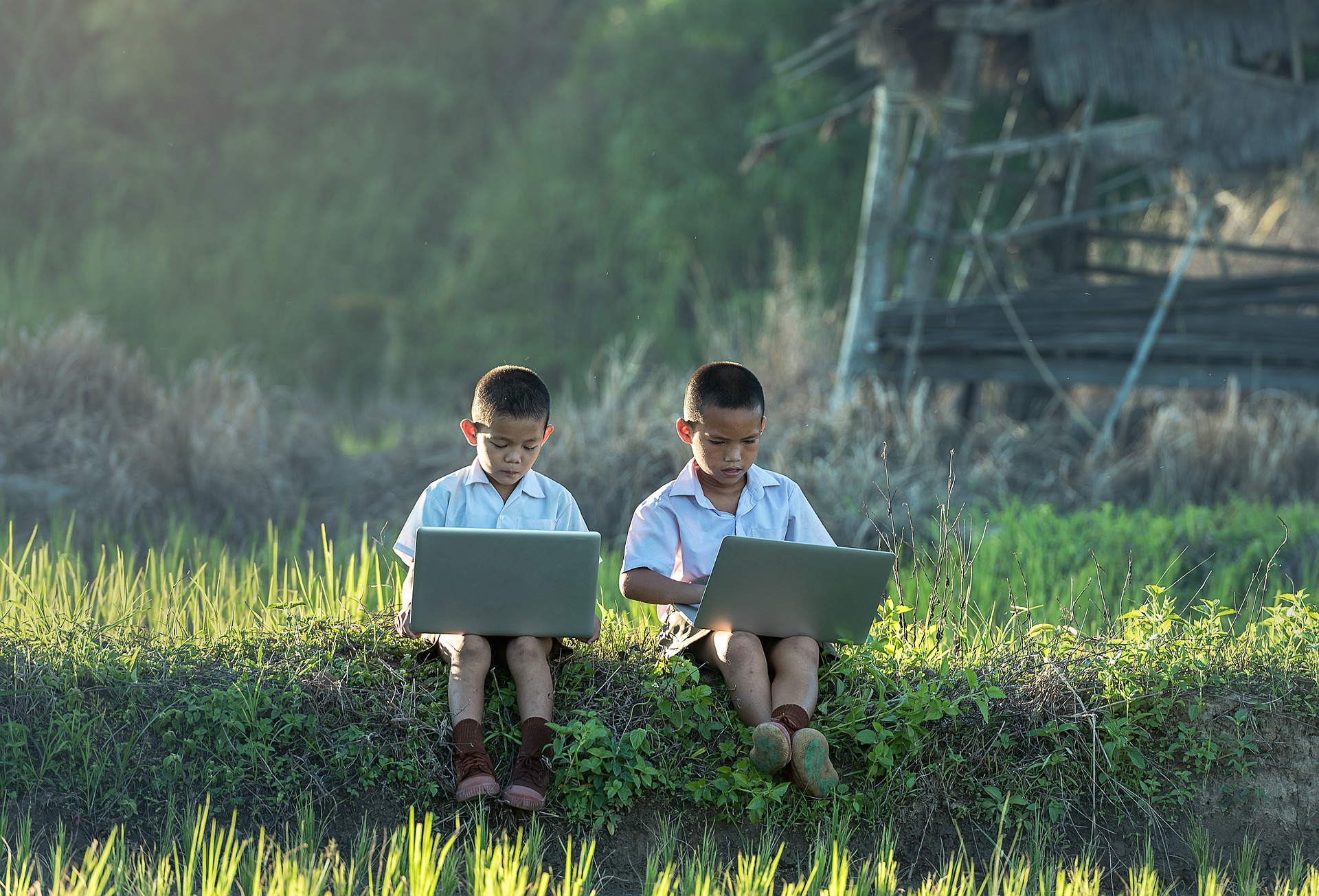 2 boys in a field looking at laptops